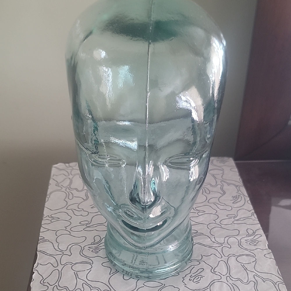 Clear Aqua Glass Head Sculpture - Home Art Decor